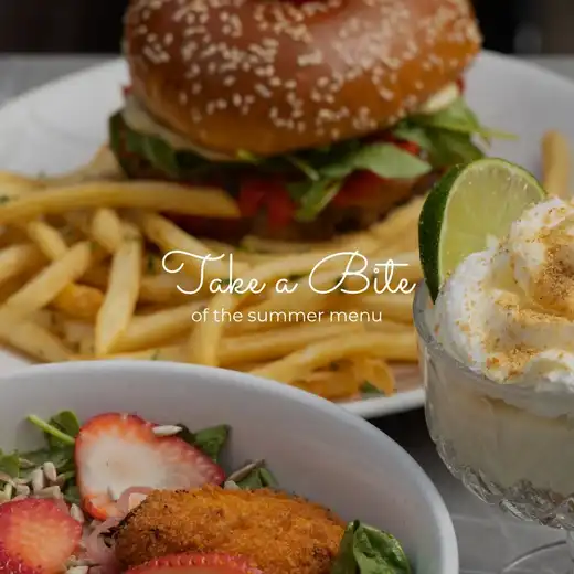 Summer menu tasting: burger and fries, calamari fritti, fried goat cheese salad, and key lime parfait